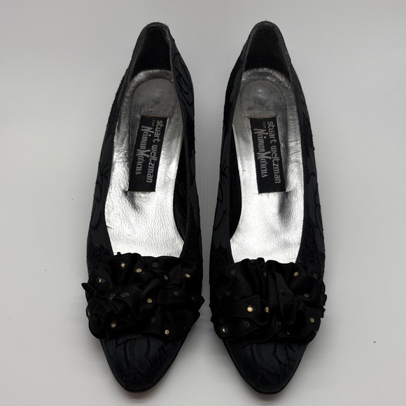Stuart Weitzman for Neiman Marcus Vintage Black Floral Heels with Ruffle Detail - Picture 1 of 7